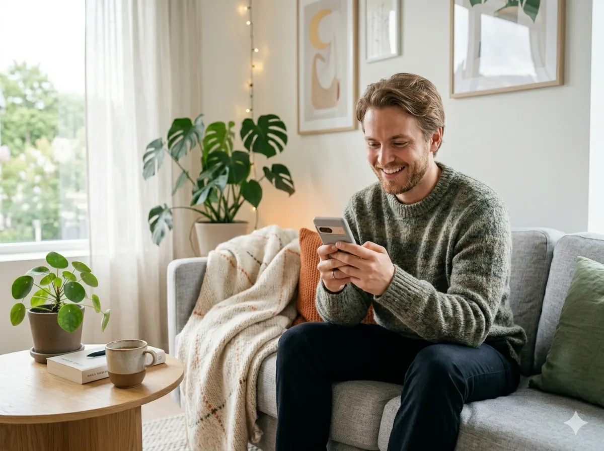 Person som velger sin egen gave på mobilen med Glede-gavekort