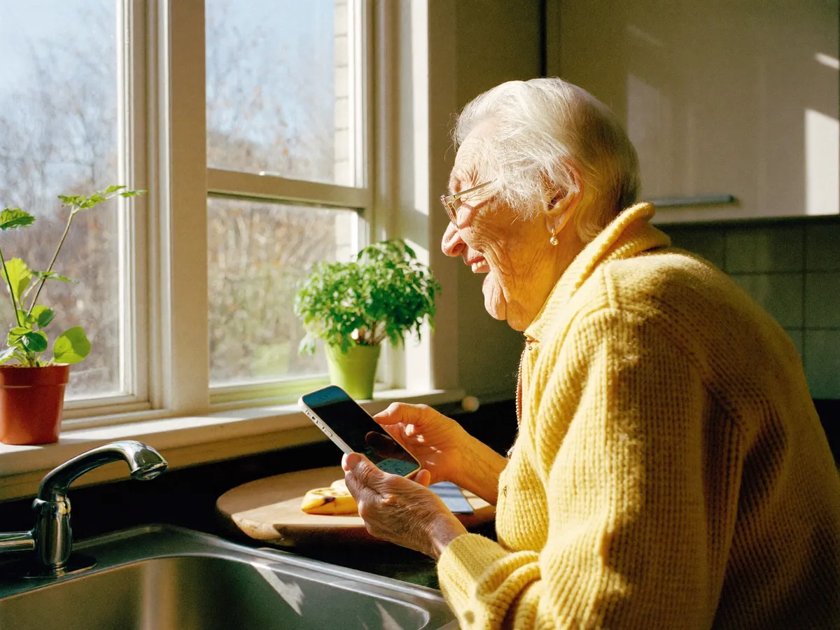 Bestemor smiler overrasket til mobilen ved kjøkkenvinduet